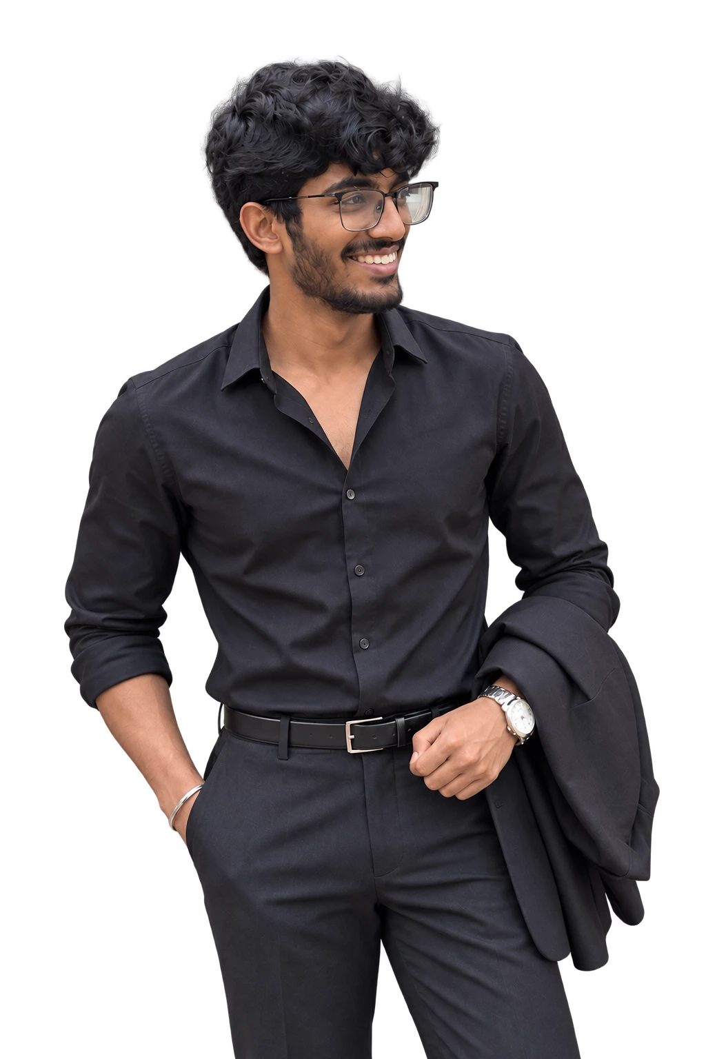 Mithul, wearing glasses and a black shirt, looking to his right