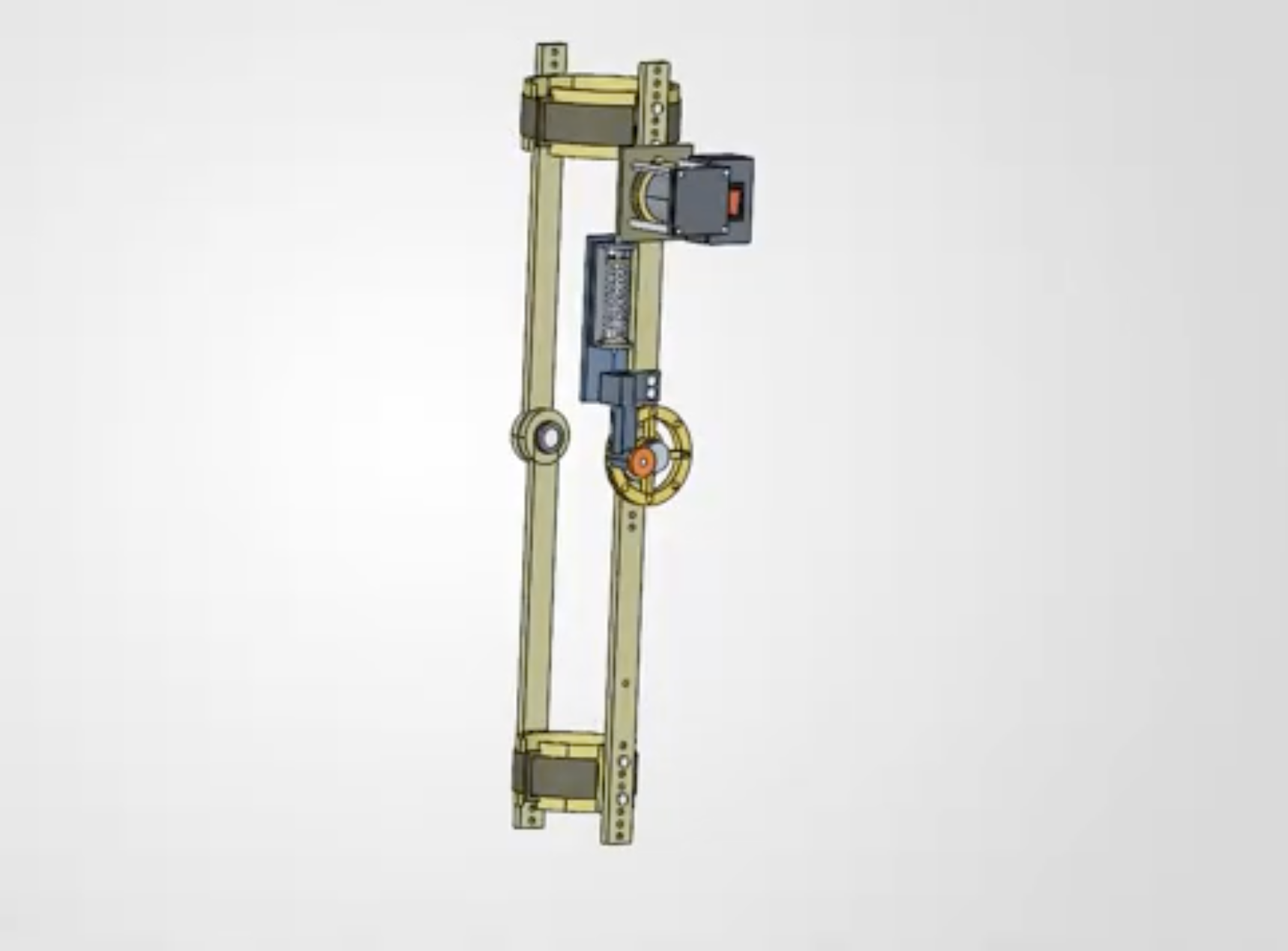 CAD of the actuated knee assistance system, with adjustable rails, cuffs, knee pivot, motor, spring, and cable drive.