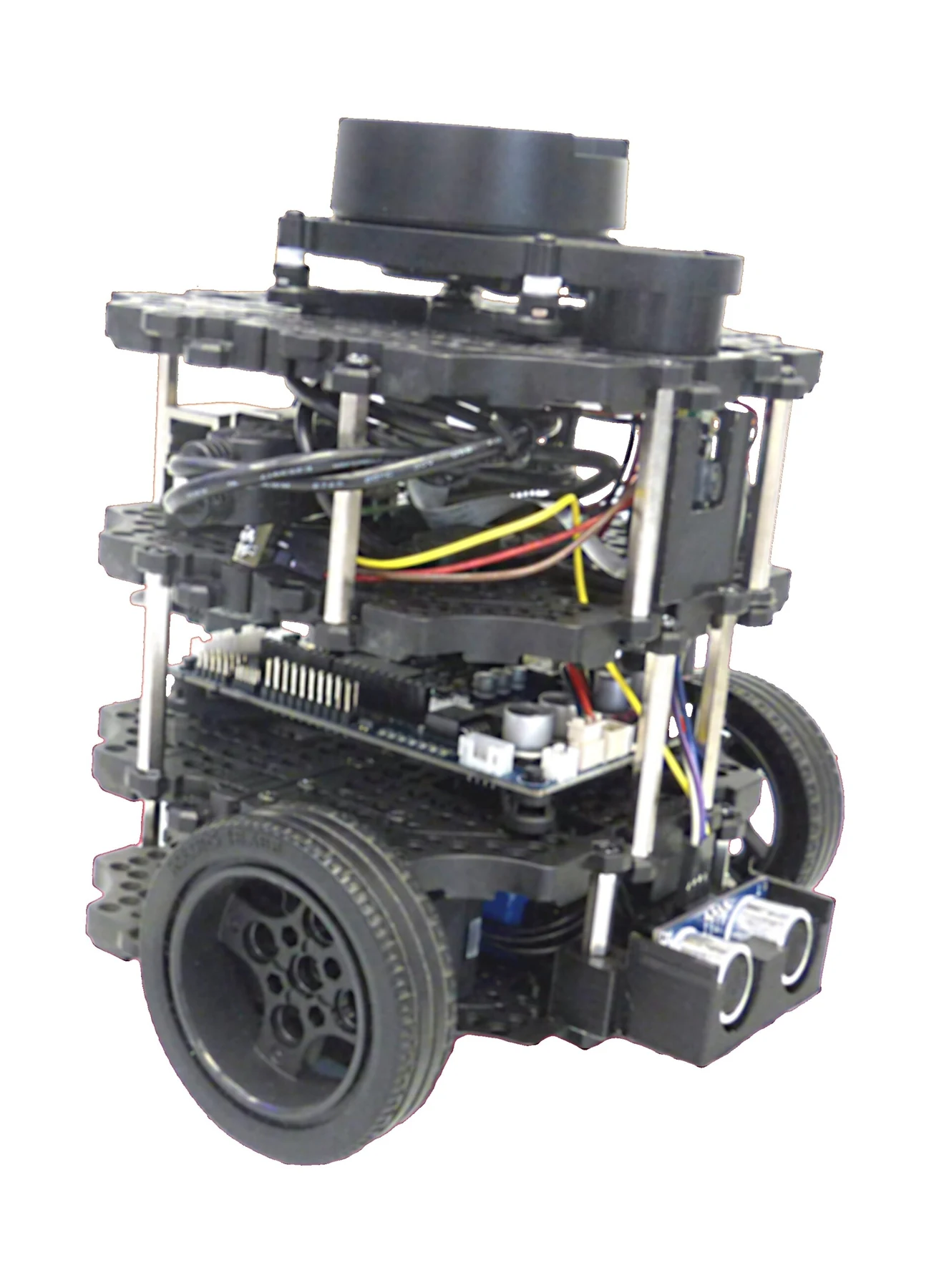 A photographed TurtleBot3 Burger mobile robot with wheels, sensing and control electronics.