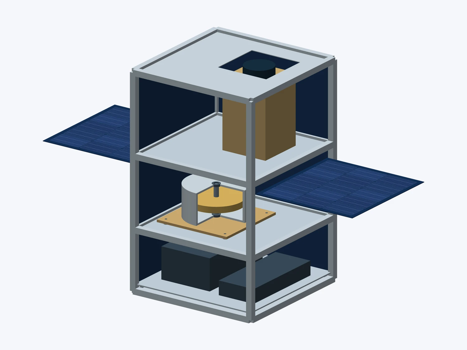A sectioned reaction-wheel housing inside the project’s engineering reference satellite assembly.