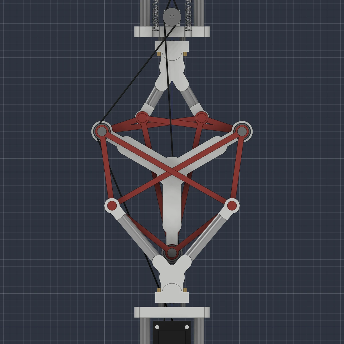 Native CAD view of the tensegrity joint study, showing links, pivots, tension cables, and springs.